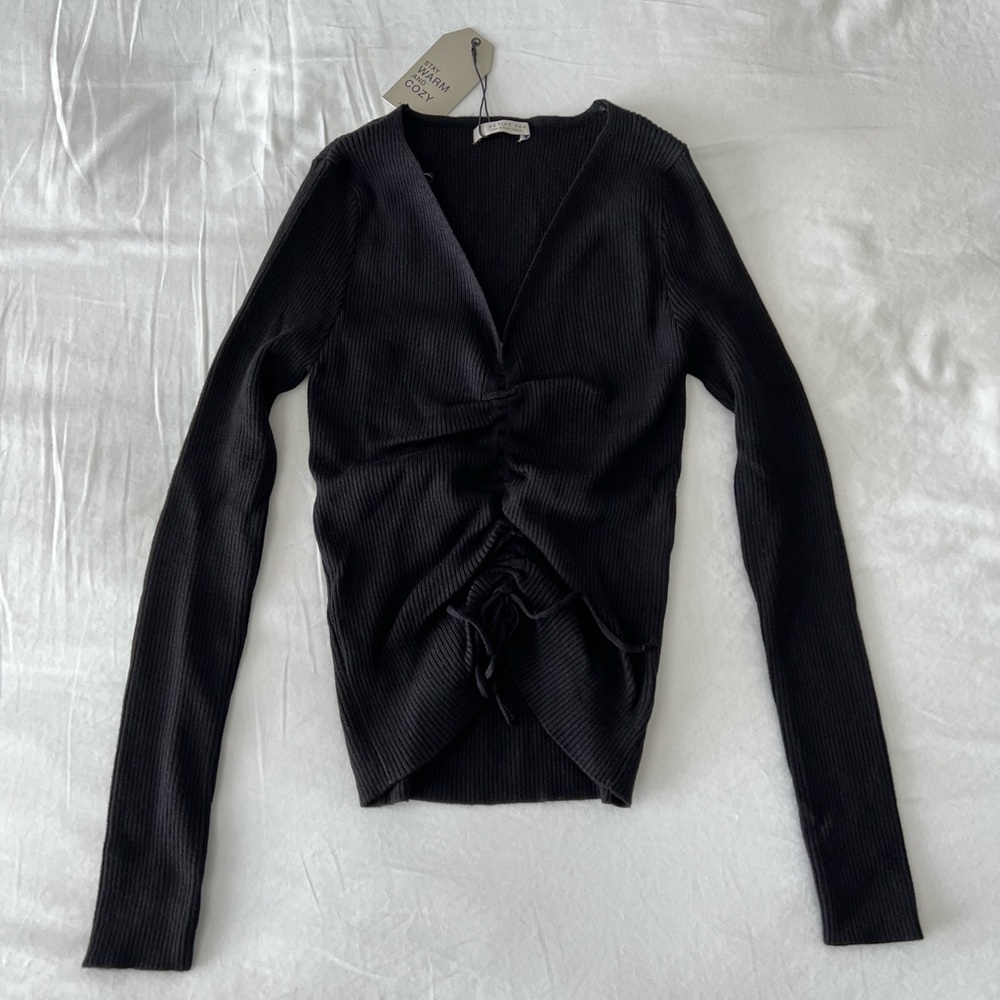 Black Shirring Tie Detail V-Neck Rib Knit Long Sleeve Top